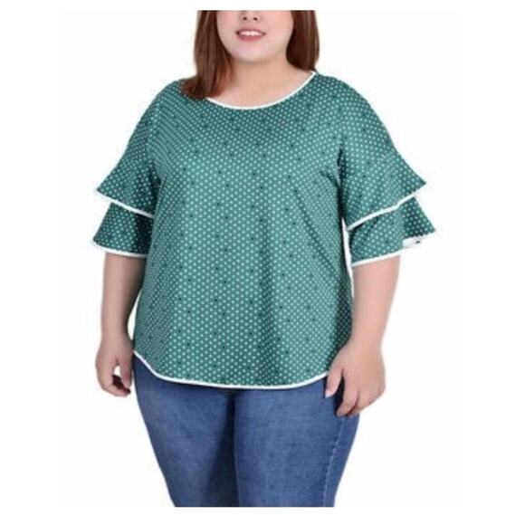NY Collection Women's Plus Ruffle Elbow Sleeve ITY Dot Blouse - Picture 2 of 8